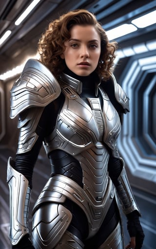 (best quality, 4K, 8K, high-res, masterpiece:1.2), ultra-detailed, photorealistic, cinematic photography, beautiful young woman, intricate silver and diamond armor with shoulder pads, standing in a corridor on an alien space station, brown hair in curls, futuristic setting, dramatic lighting, high detail, high resolution, sci-fi atmosphere, expressive eyes.