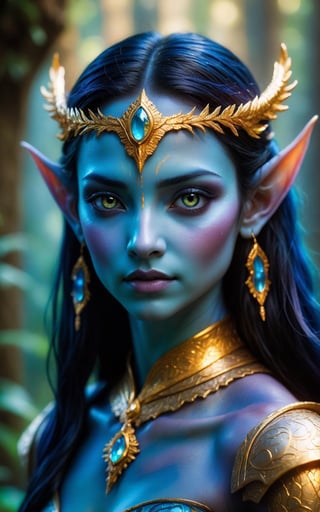 (best quality,8K,highres,masterpiece), ultra-detailed, (blue humanoid avatar with bioluminescent markings and pointed elf ears), a mesmerizing blue humanoid avatar exuding an aura of magic and mystique. The avatar's skin is adorned with bioluminescent markings, dots, and patterns that illuminate their body in a mesmerizing display of light. Their pointed elf ears add to their mystical appearance, hinting at their otherworldly nature. Avatar-like hair cascades around their shoulders, with a deep black color that contrasts beautifully against their shimmering, iridescent blue skin. Their eyes sparkle with a glowing blue hue, radiating with a sense of inner power and wisdom. The avatar possesses a warrior-like demeanor, with every detail meticulously rendered to convey strength and determination. This artwork captures the essence of magic and fantasy, inviting the viewer into a world of wonder and enchantment. Feel free to add your own creative touches to enhance the realism and detail of this captivating avatar.