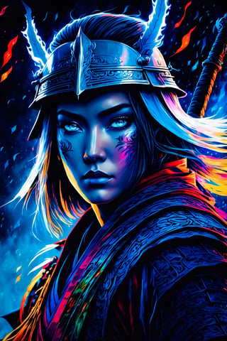 (best quality,8K,highres,masterpiece), ultra-detailed, watercolor-style fantasy art with vibrant and colorful tones. Use tetradic dark colors to depict a samurai in a (dark souls environment), with a focus on the face illuminated by a dark holographic glow in dim light. The samurai, a female with blonde bob hair, is wearing a white cloak with a hood, covering the face. The artwork should feature sharp focus, with magical ((glowy blue burning eyes)) creating a visually striking and colorful concept art. Infuse the scene with lots of thunder, enhancing the overall dynamic and fantastical atmosphere.
