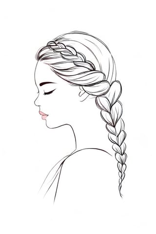 Fashion Illustration, 1girl,solo,long hair,simple background,white background,closed eyes,braid,heart,profile,hair over shoulder,limited palette