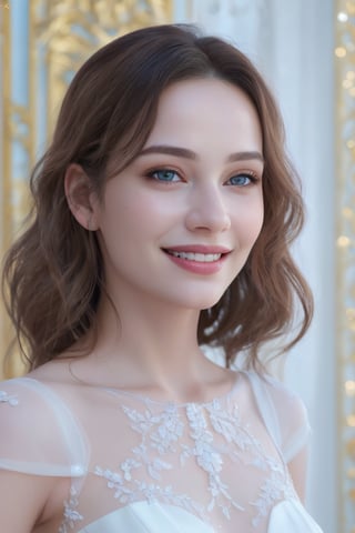 (best quality,4k,8k,highres,masterpiece:1.2),ultra-detailed,(realistic,photorealistic,photo-realistic:1.37), woman, beautiful smile,smiling face,detailed eyes,detailed lips,delicate nose,soft skin,brown wavy hair,elegant posture,feminine charm,graceful dress,fine details,gorgeous background,vibrant colors,subtle lighting,portraits 