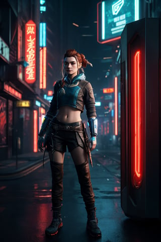 (best quality, 4K, 8K, highres), ultra-detailed, (futuristic cyberpunk illustration) portraying an American Caucasian heroine reminiscent of Aloy from Horizon Zero Dawn. Immerse yourself in a mesmerizing digital realm where this iconic character dons a cutting-edge cyberpunk ensemble, covering her entire figure. The high-resolution artwork unveils a world of urban sleekness, featuring Aloy in a sleek and modern cyberpunk outfit that gleams with reflective surfaces and neon accents, creating a visually striking and technologically advanced aesthetic. The artist's skilled strokes vividly capture Aloy's determination and strength, with atmospheric lighting that intensifies the cyberpunk ambiance. An exceptional masterpiece that seamlessly fuses gaming and cyberpunk elements, presenting Aloy in a new light that resonates with awe-inspiring futuristic glory.