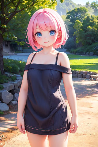 (best quality, 4k, 8k, highres, masterpiece:1.2), ultra-detailed, (realistic, photorealistic, photo-realistic:1.37), 1girl, cowboy shot, outdoors, standing, evil smile, strap sweater, bare shoulders, microskirt, short pink hair, azure eyes, portraits, vivid colors, warm color palette, soft lighting,