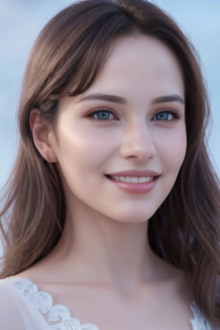 (best quality,4k,8k,highres,masterpiece:1.2),ultra-detailed,(realistic,photorealistic,photo-realistic:1.37), woman, beautiful smile,smiling face,detailed eyes,detailed lips,delicate nose,soft skin,brown wavy hair,elegant posture,feminine charm,graceful dress,fine details,gorgeous background,vibrant colors,subtle lighting,portraits 