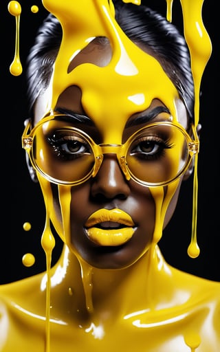 (best quality, 4K, 8K, high-resolution, masterpiece, ultra-detailed, photorealistic), a woman with a black face wearing large round [yellow] glasses, [yellow] liquid splashing all around, the liquid appears to be thick and glossy, surreal and abstract design, vibrant and bright [yellow] dominating the image, high contrast between the black face and [yellow] liquid, the liquid looks like it's melting or dripping off the glasses and face, intense and dynamic visual composition, modern and futuristic art style, dramatic lighting, bold and striking visual elements.