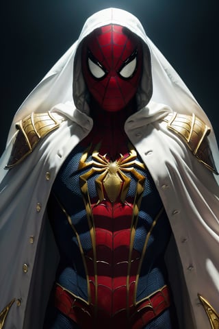 (best quality, 4k, 8k, highres, masterpiece:1.2), ultra-detailed, (realistic, photorealistic, photo-realistic:1.37), (A breathtaking 8K photorealistic concept art masterpiece, (Spiderman adorned in a stunning white and gold armor-style suit, unmasked, with a white cape billowing gracefully:1.3), Set against the backdrop of a highly detailed night cityscape, captured with perfect composition and sharp focus, (A cinematic vision of artistry:1.3), Bathed in soft, natural volumetric lighting, the chiaroscuro effect enhancing the intricate details of the suit, (A true award-winning photograph:1.3), Created in the style reminiscent of the great masters Raphael, Caravaggio, and modern visionaries like Greg Rutkowski, Beeple, Beksinski, and Giger, (A piece trending on ArtStation for its artistic brilliance:1.3), This oil on canvas marvel is a testament to artistic excellence, showcasing Spiderman as you've never seen him before, (An artistic achievement beyond compare:1.3)