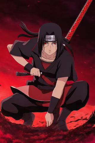 Itachi Uchiha,Sharingan eyes, solo,long hair,looking at viewer,black hair,red eyes,1boy,closed mouth,full body,ponytail,weapon,male focus,sword,artist name,moon,squatting,red background,full moon,ninja,forehead protector,weapon on back,red moon