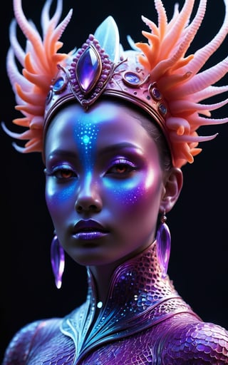 A hyper-realistic, hyper-detailed image of a futuristic, ethereal humanoid. The humanoid has a serene and otherworldly expression, with vibrant, glowing facial markings in shades of blue, pink, and purple. Their skin has a smooth, iridescent texture with a purplish hue. The humanoid's head is adorned with an elaborate crown made of coral-like structures, in various shades of pink, orange, and purple. Additional coral-like appendages extend from their shoulders and blend seamlessly into the background. The overall aesthetic is mystical and aquatic, with a striking contrast against the dark background. (hyper-realistic, hyper-detailed, futuristic, ethereal, serene, glowing facial markings, coral crown, mystical, aquatic, dark background)