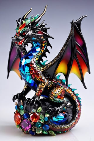 (best quality,8K,highres,masterpiece), ultra-detailed, (super colorful, dragon made of glass, rhinestone, and crystal), featuring a mesmerizing baby dragon crafted entirely from the shimmering brilliance of glass, rhinestone, and crystal. This enchanting creature is a kaleidoscope of vibrant colors, with its intricate body adorned in countless dazzling facets, refracting light in a breathtaking display. The dragon sits elegantly against a pristine white background, its tail and wings glinting with a radiant spectrum of hues. Its black eyes gleam like precious gemstones, and its smile radiates joy and wonder. This artwork is a fusion of artistry and craftsmanship, celebrating the beauty of this unique dragon creation with head wings and a body that captures the essence of both fantasy and the dazzling world of crystal.