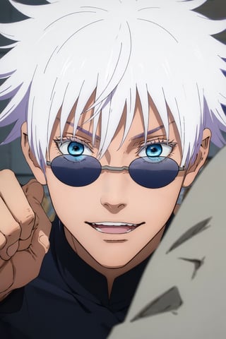 best quality, 8k, highres, masterpiece, Jujutsu Kaisen, Satoru Gojo, 1boy ,solo, white hair, short hair, hair between eyes, blue eyes, light blue eyes, colored eyelashes, sunglasses, smile