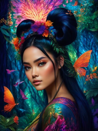 (best quality, 8K, highres, masterpiece), ultra-detailed, fantasy creature with long, flowing black hair fashioned into intricate space buns. In this enchanting scene, she takes on the persona of a mystical forest guardian, surrounded by a breathtaking tapestry of vibrant, iridescent flora and fauna. Her presence radiates an otherworldly aura, and millions of microscopic, shimmering, and multi-colored magical threads emanate from her form, creating a dazzling and vibrant spectacle. The composition showcases her stunningly beautiful silhouette, intricately adorned with luminous plant-like patterns and ethereal creatures, resulting in a vivid and enchanting color palette that transports viewers to a realm of fantastical wonders.