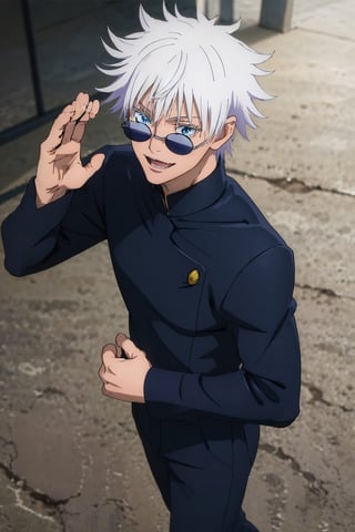 best quality, 8k, highres, masterpiece, Jujutsu Kaisen, Satoru Gojo, 1boy ,solo, white hair, short hair, hair between eyes, blue eyes, light blue eyes, colored eyelashes, sunglasses, smile