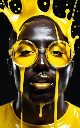 (best quality, 4K, 8K, high-resolution, masterpiece, ultra-detailed, photorealistic), a person with a black face wearing large round [yellow] glasses, [yellow] liquid splashing all around, the liquid appears to be thick and glossy, surreal and abstract design, vibrant and bright [yellow] dominating the image, high contrast between the black face and [yellow] liquid, the liquid looks like it's melting or dripping off the glasses and face, intense and dynamic visual composition, modern and futuristic art style, dramatic lighting, bold and striking visual elements.