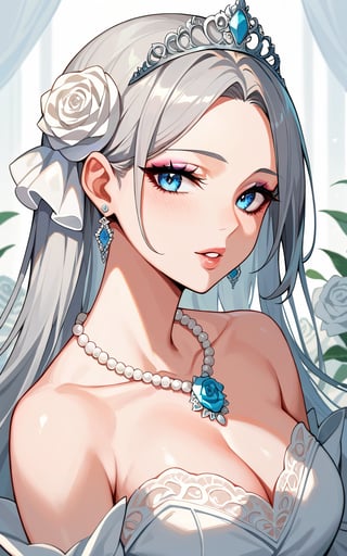 score_9,score_8_up,score_7_up, 1girl,looking at viewer,blue eyes,hair ornament,dress,jewelry,flower,grey hair,earrings,parted lips,necklace,white dress,lips,makeup,rose,tiara,white flower,gem,portrait,eyeshadow,white rose,pearl necklace