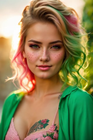 (Create an ultra-detailed photograph) of a stunning ((27-year-old Russian girl)) with a gorgeous and cute appearance. Capture her with a ((smirk)) and highlighting her ((freckles)). She should be wearing a ((green top and pink skirt)). In the background, include a young girl in a green top and pink skirt for context. This should be a ((masterpiece)) with a ((best_quality)) in ultra-high resolution, both ((4K)) and ((8K)), incorporating ((HDR)) for added vibrancy. Utilize a ((Kodak Portra 400 lens)) to achieve a professional and timeless quality. Emphasize a ((blurry background)) with a touch of ((bokeh)) and ((lens flare)) for artistic effect. Enhance ((vibrant colors)) for a lively appearance. Ensure the photograph is ((ultra-detailed)) and showcases ((absurdres)) details. Pay extra attention to capturing the ((beautiful face)) of the subject, focusing on features such as ((large breasts)) and a ((narrow waist)). Highlight any ((tattoos)) present. The goal is to create a ((professional photograph)) that is both visually striking and technically superb.