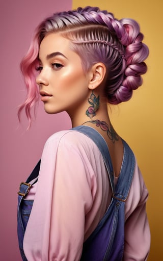 (best quality, 4K, 8K, high-resolution, masterpiece), ultra-detailed, photorealistic, young woman, pastel colors, pink background, floral tattoo sleeves, intricate floral designs, pink hair, braided hairstyle, flower in hair, profile view, yellow top, purple overalls, serene expression, soft lighting, whimsical, contemporary fashion, digital art.
