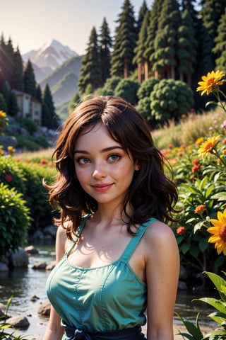 (best quality,8k,highres,masterpiece:1.2),photorealistic,ultra-detailed,vibrant photography of a woman in nature, cute smile,dramatic lighting,finely detailed beautiful eyes,fine detailed skin,Natural scenery,majestic landscape,colorful flowers,distant mountains,flowing rivers,melting sunset,serene atmosphere,dazzling sunlight,blissful vibes,freckled face,luscious greenery,soft breeze,ethereal beauty