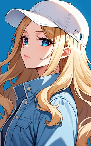 score_9,score_8_up,score_7_up, 1girl,long hair,looking at viewer,blue eyes,blonde hair,brown hair,shirt,hat,closed mouth,jacket,upper body,from side,lips,eyelashes,shadow,white headwear,blue background,wavy hair,expressionless,blue shirt,blue jacket,baseball cap,pink lips