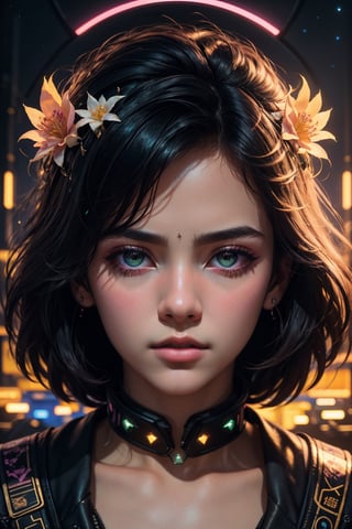 (best quality, 8K, ultra-detailed, masterpiece), (ultra-realistic, photorealistic), A mesmerizing 8K portrait capturing the essence of a solitary boy in a close-up view, his gaze fixed afar, set against the backdrop of a synthwave art style poster. The scene is adorned with lush palm leaves and delicate white flowers, adding an intriguing geometric pattern to the composition. The entire setting is bathed in a neon yellow glow, reminiscent of the synthwave aesthetic, against a dark, starry night sky illuminated by bioluminescent elements. This artwork radiates fortitude and wholesome beauty, inviting you to immerse yourself in its unique and captivating world.