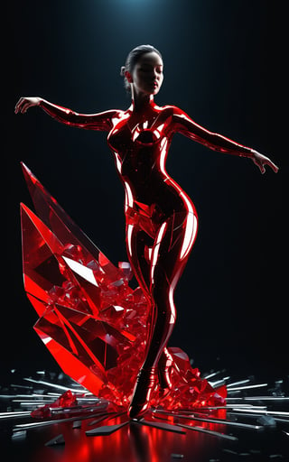 (best quality, 4K, 8K, high-resolution, masterpiece), ultra-detailed, photorealistic, 3D render, futuristic, red crystal figure, woman, dancing pose, dynamic composition, shattered crystal pieces, glowing red, dark background, dramatic lighting, intricate details, surreal, modern art