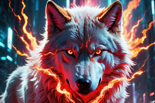 (best quality,8K,highres,masterpiece), ultra-detailed, (closeup of a wolf with fiery red eyes and an angry expression), a closeup of a wolf with fiery red eyes and an angry expression. Sparks are flying around, enhanced by cinematic light effects. The setting is dark fantasy, with smoke swirling in the background. The overall tone is dark, with focus stacking to emphasize the wolf's menacing features and intense gaze. Every detail, from the texture of the wolf's fur to the fiery glow in its eyes, is rendered with meticulous precision, creating a powerful and dramatic image.