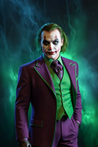 The Dark Joker with Green Evil Light eyes and lighting green thunder Dc, scary, Classic Academia, Flexography, ultra wide-angle, Game engine rendering, Grainy, Collage, analogous colors, Meatcore, infrared lighting, Super detailed, photorealistic, food photography, Cycles render, 4k