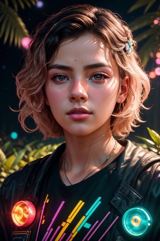 (best quality, 8K, ultra-detailed, masterpiece), (ultra-realistic, photorealistic), A mesmerizing 8K portrait capturing the essence of a solitary boy in a close-up view, his gaze fixed afar, set against the backdrop of a synthwave art style poster. The scene is adorned with lush palm leaves and delicate white flowers, adding an intriguing geometric pattern to the composition. The entire setting is bathed in a neon yellow glow, reminiscent of the synthwave aesthetic, against a dark, starry night sky illuminated by bioluminescent elements. This artwork radiates fortitude and wholesome beauty, inviting you to immerse yourself in its unique and captivating world.