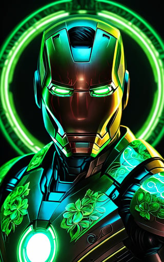 A vibrant and hyper-detailed portrait of Iron Man illuminated with neon light. His armor is adorned with intricate, glowing floral patterns and botanical elements. His eyes are glowing neon green, and the arc reactor on his chest is highlighted with neon light. The background is dark, enhancing the glow of the neon details. The overall style is a fusion of neon art and botanical motifs, creating a mesmerizing and surreal composition. (hyper-detailed, neon light, glowing floral patterns, botanical elements, neon green eyes, neon-highlighted arc reactor, dark background, fusion of neon art and botanical motifs, mesmerizing, surreal)