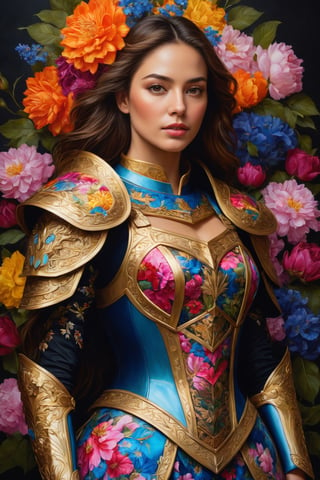 (best quality, realistic, high-resolution), colorful portrait of a woman with flawless anatomy. She is wearing a stunning flower dress that compliments her vibrant personality. Her skin is extremely detailed and realistic, with a natural and lifelike texture. The background is dark, which creates a striking contrast to the colorful flowers adorning her armor. The flowers on her armor represent her strength and beauty. The lighting accentuates the contours of her face, adding depth and dimension to the portrait. The overall composition is masterfully done, showcasing the intricate details and achieving a high level of realism, Realistic