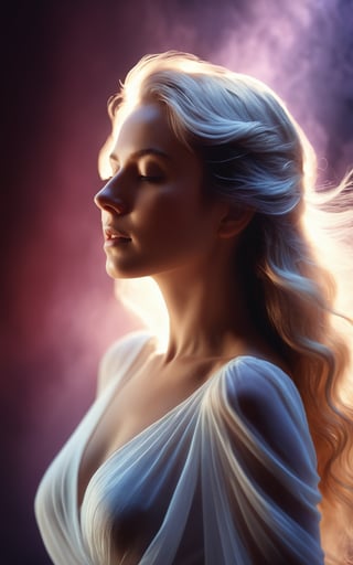(best quality, 4K, 8K, high-resolution, masterpiece), ultra-detailed, photorealistic, glowing white silhouette of woman, ethereal colored background, soft lighting, dreamy atmosphere, digital art, artistic composition, high contrast.