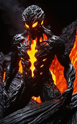 (ultra detailed, 8K, highly detailed, masterpiece, intricate, beautiful), (surreal, fantasy, sculpture, abstract), a beautifully sculpted and powerful lava representation of a humanoid figure. The figure appears to be emerging from or composed of molten lava, with flowing, molten rock forming its body and garments. The sculpture exudes a sense of movement and energy, with glowing embers and fiery veins visible through the dark, solidified exterior. The background is dark, emphasizing the glowing, molten elements and giving the figure an ethereal, otherworldly presence.