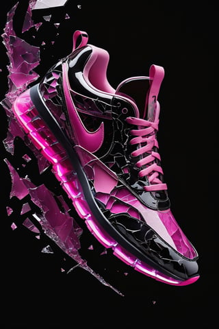 (best quality,8K,highres,masterpiece), ultra-detailed, presenting an edgy sneakers design against a sleek black background. The shoes feature a striking pink theme, with accents of vibrant hues that pop against the dark backdrop. Adding to the allure of the design, shattered fragments of glass are artfully integrated into the composition, lending a sense of urban grit and sophistication. The broken glass elements are meticulously crafted, with jagged edges and reflective surfaces that catch and refract light in captivating ways. Despite the apparent chaos of the shattered glass, there's a sense of cohesion and harmony in the overall design, creating a visually arresting contrast between strength and fragility. These sneakers embody the spirit of boldness and resilience, making a powerful statement of individuality and style. This artwork celebrates the beauty of contrasts, inviting the viewer to embrace both the darkness and the light within.