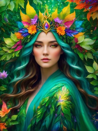 (best quality, 8K, highres, masterpiece:1.2), ultra-detailed, (fantasy creature, mythical being, otherworldly:1.3), nature goddess transformed into a fantastical creature with a body made of vibrant, swirling leaves and petals. This enchanting portrait captures her amidst a lush greenery filled with wildflowers of every color. Her eyes are a breathtaking kaleidoscope, and she wears a serene expression that radiates ethereal beauty. In a graceful and dynamic pose, she moves with the wind, her luminous skin glowing in the soft, natural light filtering through the canopy above. Her flowing hair and an elegant crown of leaves enhance her mythical essence. The vibrant colors of her being create a surreal atmosphere, and a dreamlike aura surrounds her, signifying her harmonious connection with the mystical, enchanted forest.