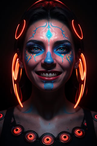 best quality, 8k, ultra-detailed, realistic:1.37, vibrant colors, vivid shading, breathtaking portrait of an alien shapeshifter entity, mesmerizing eyes, intricate facial details, otherworldly skin texture, insane smile, unnerving and intricate complexity, surreal horror atmosphere, dark shadows, inverted neon rainbow drip paint, ethereal glow, hypnotic energy, transcendent beauty, mystical aura, octane render