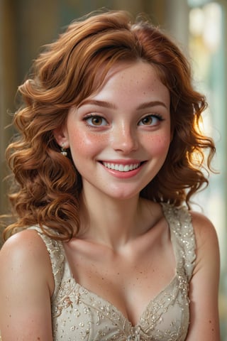 (best quality,4k,8k,highres,masterpiece:1.2),ultra-detailed,(realistic,photorealistic,photo-realistic:1.37),beautiful smile,smiling face,detailed eyes,detailed lips,delicate nose,freckles,soft skin,brown wavy hair,elegant posture,feminine charm,graceful dress,fine details,gorgeous background,vibrant colors,subtle lighting,portraits