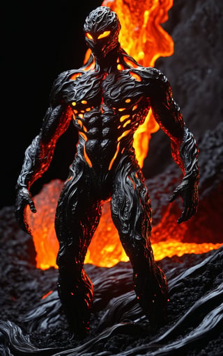 (ultra detailed, 8K, highly detailed, masterpiece, intricate, beautiful), (surreal, fantasy, sculpture, abstract), a beautifully sculpted and powerful lava representation of a humanoid figure. The figure appears to be emerging from or composed of molten lava, with flowing, molten rock forming its body and garments. The sculpture exudes a sense of movement and energy, with glowing embers and fiery veins visible through the dark, solidified exterior. The background is dark, emphasizing the glowing, molten elements and giving the figure an ethereal, otherworldly presence.