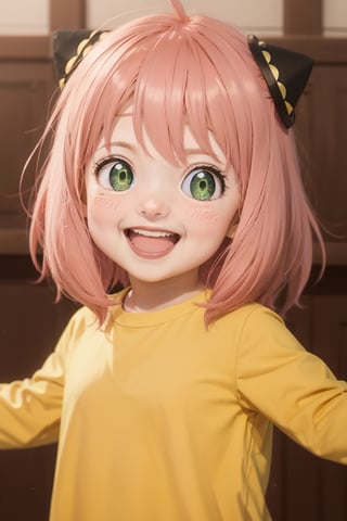 spy x family,  cute tiny, anya forger 1girl, solo, looking at viewer, blush, smile, open mouth, bangs, green eyes, upper body, pink hair, ahoge, :d, teeth, medium hair, upper teeth only, outstretched arms, child, yellow shirt, female child, hairpods, anya (spy x family) spy x family,  cute tiny, anya forger,Epicrealism