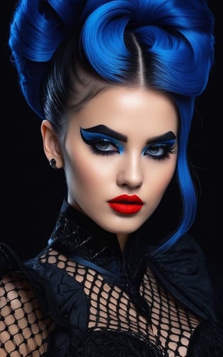 (best quality, 4K, 8K, high-resolution, masterpiece), ultra-detailed, photorealistic, striking young woman, bold Neo-Gothic makeup, bold Neo-Gothic hair, vibrant Pop Art inspired outfit, intricate facial designs, modern fashion, high fashion, vibrant colors, digital art.