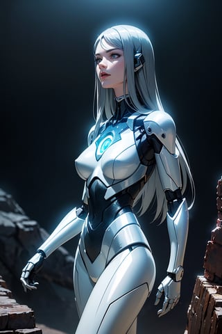 (best quality,ultra-detailed,realistic:1.37),studio photo,beautiful robotic metal woman standing alone,strange fantasy image,odd glowing rocks,beautiful,detailed,long flowing hair,medium breasts,great skin texture,artificial intelligence,unique outfit,shiny metallic surface,elegant pose,vibrant colors,dramatic lighting,ethereal atmosphere