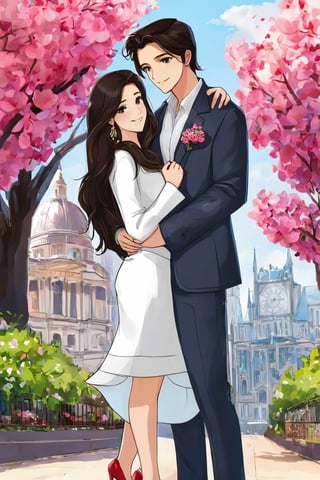 AiArtV,Valentines Day, 1girl,long hair,smile,brown hair,black hair,1boy,dress,holding,brown eyes,jewelry,jacket,flower,hetero,earrings,outdoors,parted lips,day,pants,looking at another,tree,petals,white jacket,couple,building,eye contact,hand in pocket,bouquet,holding bouquet