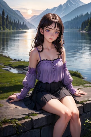 (best quality, realistic, HDR), 1girl, child, purple eyes, long and curly brown hair, detailed forehead, wearing a short skirt and a camisole, looking embarrassed, sitting by the riverbank, surrounded by mountains in the background, with the moonlight illuminating the scene, 