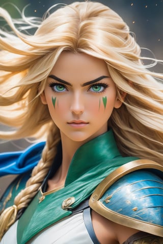 In a detailed (Anime style), craft an ultra-detailed portrait featuring a (confident woman warrior) with flowing (long straight blond hair), elegantly adorned with a (blue headband) and a billowing (white cape). Her attire includes a sleek (green bodysuit) and eye-catching (blue leather boots). Infuse the scene with the dynamic elements of (niji style), capturing the warrior's confidence and strength. Pay meticulous attention to the details of her (expressive eyes) and add a subtle touch of (battle scars) to convey her resilience. This captivating (portrait) should vividly bring to life a powerful and inspiring female character.