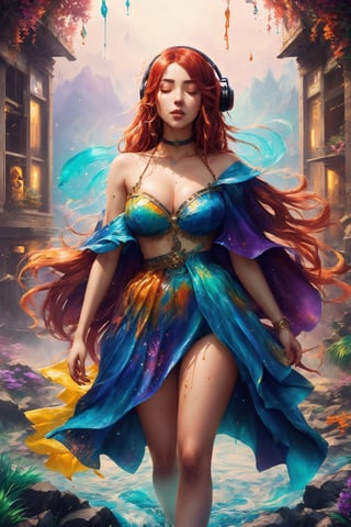 An epic 8K resolution splash art masterpiece, (Immersive splash-style painting:1.3), A surrealistic vision of a woman with flowing red hair and closed eyes, without eye makeup, wearing headphones that transport her to a tropical paradise, (Capturing the flowing allure in every stride:1.3), The composition is framed perfectly, drawing the viewer into a world of dreams and imagination, (An art cover that defies reality:1.3), Created in the style reminiscent of the great artists Greg Rutkowski, Loish, Rhads, Beeple, Makoto Shinkai, Lois van Baarle, Ilya Kuvshinov, Rossdraws, Tom Bagshaw, and Alphonse Mucha, (A masterpiece that stands out on DeviantArt:1.3), The art features a mesmerizing interplay of complementary colors and fantasy concept art elements, (A feast for the eyes with vibrant paint dripping:1.3), The splash-style technique swirls, drips, and melts into a breathtaking contour with intricate details, (A splash screen that sets the tone for the album:1.3), The woman is surrounded by a detailed and intricate environment, beautifully lit with global illumination, (Creating a world that comes to life:1.3)