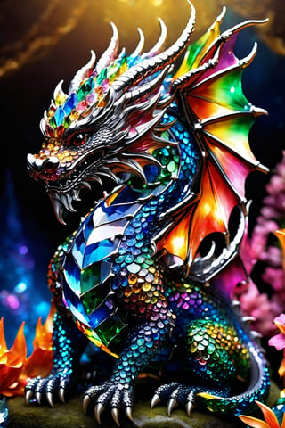 (best quality,8K,highres,masterpiece), ultra-detailed, (super colorful, dragon made of glass, rhinestone, and crystal), featuring a mesmerizing baby dragon crafted entirely from the shimmering brilliance of glass, rhinestone, and crystal. This enchanting creature is a kaleidoscope of vibrant colors, with its intricate body adorned in countless dazzling facets, refracting light in a breathtaking display. The dragon sits elegantly against a pristine white background, its tail and wings glinting with a radiant spectrum of hues. Its black eyes gleam like precious gemstones, and its smile radiates joy and wonder. This artwork is a fusion of artistry and craftsmanship, celebrating the beauty of this unique dragon creation with head wings and a body that captures the essence of both fantasy and the dazzling world of crystal.