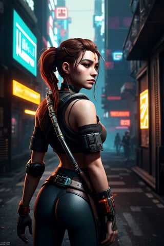 (best quality, 4K, 8K, highres), ultra-detailed, (futuristic cyberpunk illustration) portraying an American Caucasian heroine reminiscent of Aloy from Horizon Zero Dawn. Immerse yourself in a mesmerizing digital realm where this iconic character dons a cutting-edge cyberpunk ensemble, covering her entire figure. The high-resolution artwork unveils a world of urban sleekness, featuring Aloy in a sleek and modern cyberpunk outfit that gleams with reflective surfaces and neon accents, creating a visually striking and technologically advanced aesthetic. The artist's skilled strokes vividly capture Aloy's determination and strength, with atmospheric lighting that intensifies the cyberpunk ambiance. An exceptional masterpiece that seamlessly fuses gaming and cyberpunk elements, presenting Aloy in a new light that resonates with awe-inspiring futuristic glory.