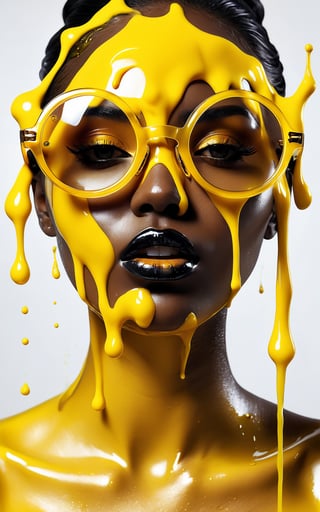 (best quality, 4K, 8K, high-resolution, masterpiece, ultra-detailed, photorealistic), a woman with a black face wearing large round [yellow] glasses, [yellow] liquid splashing all around, the liquid appears to be thick and glossy, surreal and abstract design, vibrant and bright [yellow] dominating the image, high contrast between the black face and [yellow] liquid, the liquid looks like it's melting or dripping off the glasses and face, intense and dynamic visual composition, modern and futuristic art style, dramatic lighting, bold and striking visual elements.