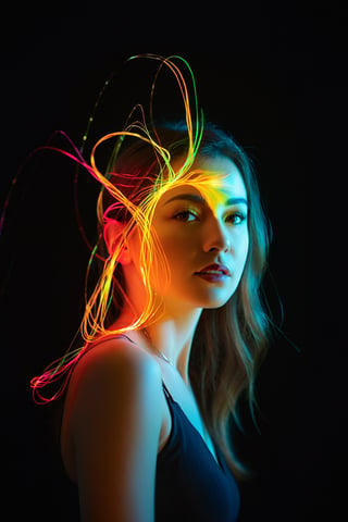 best quality, 4k, 8k, highres, masterpiece:1.2), ultra-detailed, (realistic, photorealistic, photo-realistic:1.37), Luminogram portrait with fiber optic light painting, Light field photography, Light painting, Light tracing, portraits, bokeh, studio lighting, physically-based rendering, vivid colors, sharp focus, reverse vignette, ethereal glow, colorful, delicate details, soft shadows, luminescent strands, subtle highlights, ambient incandescent light, fantastical atmosphere, glowing figures, unconventional light sources, contrasting hues, fiber optic brushstrokes, hypnotic patterns, trail of lights
