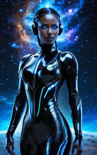 (futuristic, sci-fi, ultra-high resolution, photorealistic, intricate details), full-body portrait of a female humanoid with glowing blue eyes, wearing a sleek, form-fitting, black metallic suit with blue accents, standing against a cosmic backdrop filled with stars and nebulae, ethereal and mysterious atmosphere, soft and dramatic lighting, high contrast, elegant and powerful pose, futuristic and otherworldly aesthetic, advanced technology design, dark and captivating ambiance.