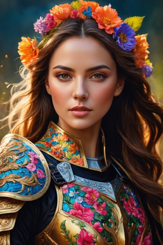 (best quality, realistic, high-resolution), colorful portrait of a woman with flawless anatomy. She is wearing a stunning flower dress that compliments her vibrant personality. Her skin is extremely detailed and realistic, with a natural and lifelike texture. The background is dark, which creates a striking contrast to the colorful flowers adorning her armor. The flowers on her armor represent her strength and beauty. The lighting accentuates the contours of her face, adding depth and dimension to the portrait. The overall composition is masterfully done, showcasing the intricate details and achieving a high level of realism, Realistic