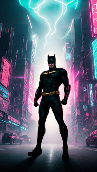 "Generate an image depicting an ultra Sonic-powered version of Batman  in a dynamic and action-packed pose. Show  suit emanating vibrant energy waves, with a futuristic cityscape in the background, highlighting the sheer power and speed of this upgraded superhero.",Lofi,Neon Light